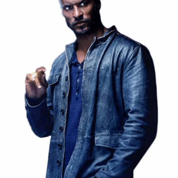 Mens American Gods S02 Shadow Moon Ricky Whittle Blue Leather Jacket