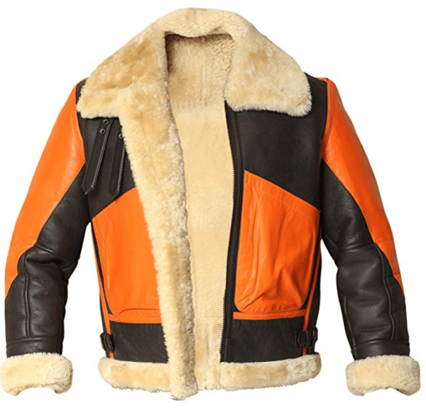 Mens B3 Shearling Sheepskin Orange Leather Jacket - Image 3