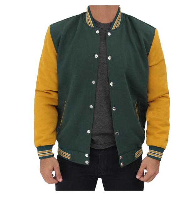 Mens Duane Green And Yellow Letterman Wool Jacket - Image 2