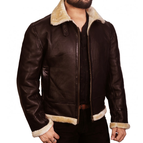 Tom Hardy Dunkirk Farrier Brown Leather Shearling Bomber Jacket - Image 3