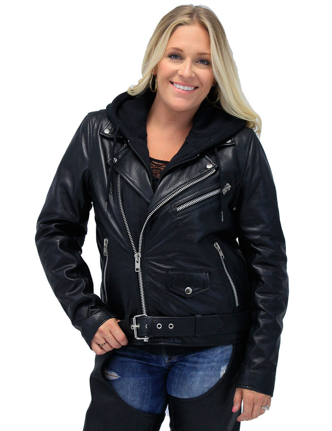 Womens In Hoodie Leather Jacket With - Image 2