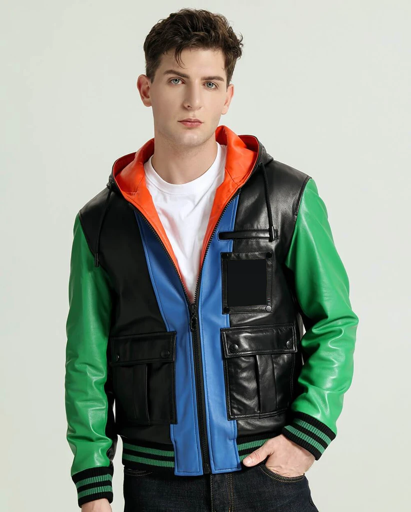 Multi Color Hooded Leather Jacket Stylish - Color Jackets