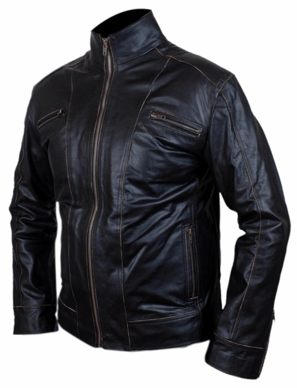 Rivet Faded Seams Biker Black Leather Jacket - Image 3