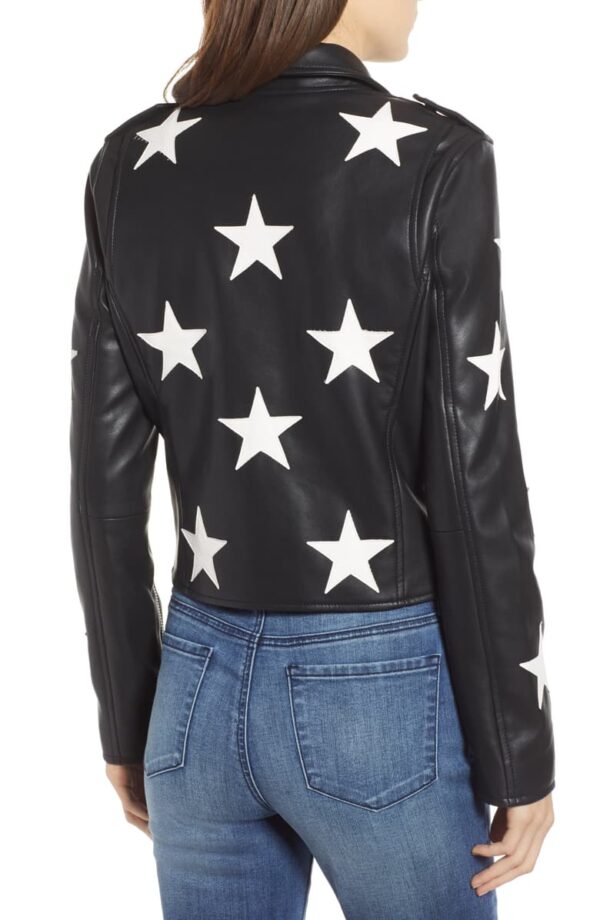 Star Patch Moto Black Faux Leather Jacket - Image 2