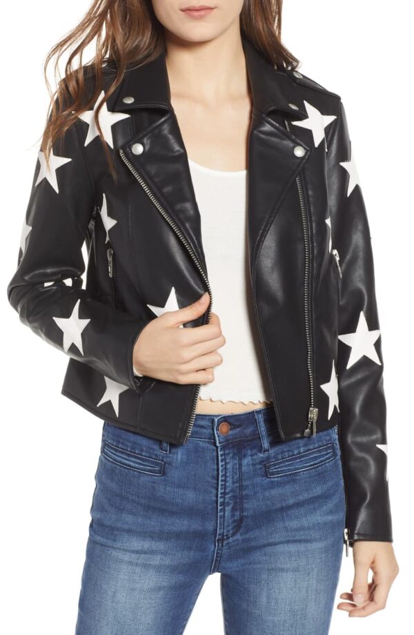 Star Patch Moto Black Faux Leather Jacket