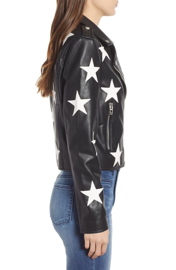 Star Patch Moto Black Faux Leather Jacket - Image 3