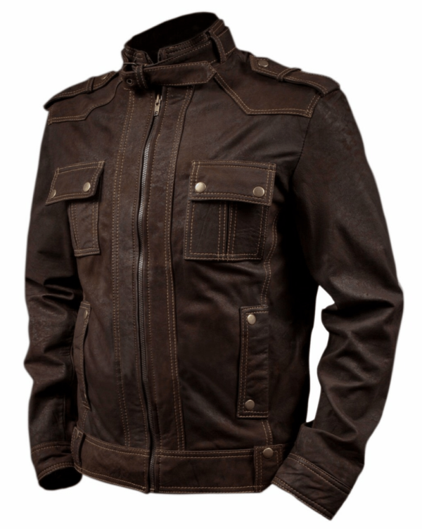 Stone Wash Slim Fit Brown Leather Jacket - Image 2