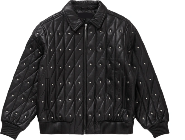 Mens Quilted Supreme Studded Black Bomber Leather Jacket