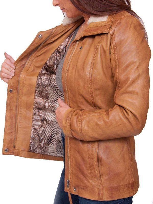 Tan Brown Leather Jacket With Fur Collar For Women - Image 2