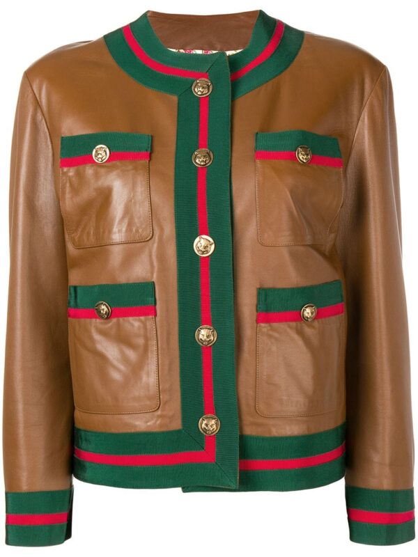 Web trim Brown&Green leather jacket