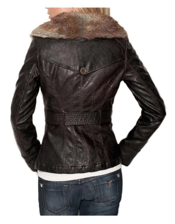 Women’s Fur Collar Brown Faux Leather Jacket - Image 2