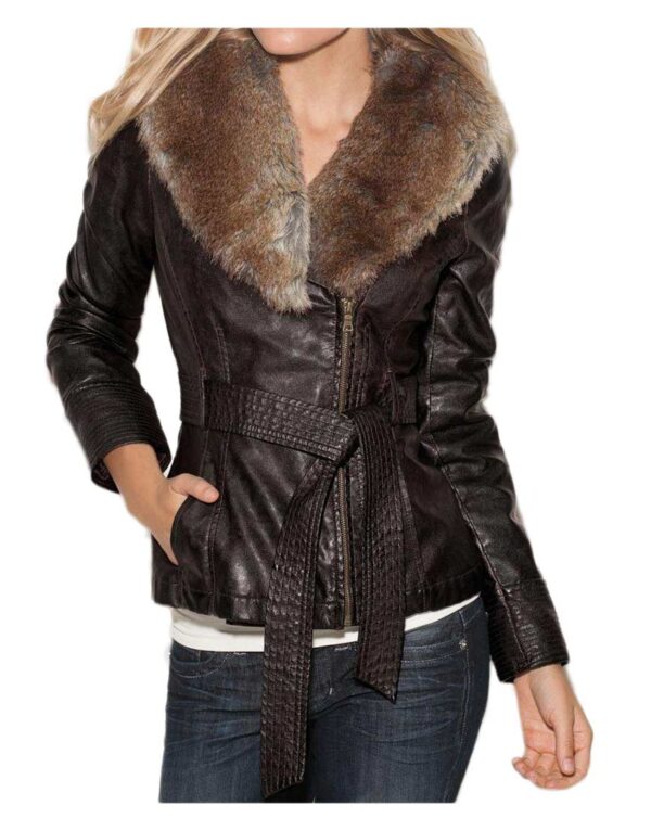 Women’s Fur Collar Brown Faux Leather Jacket