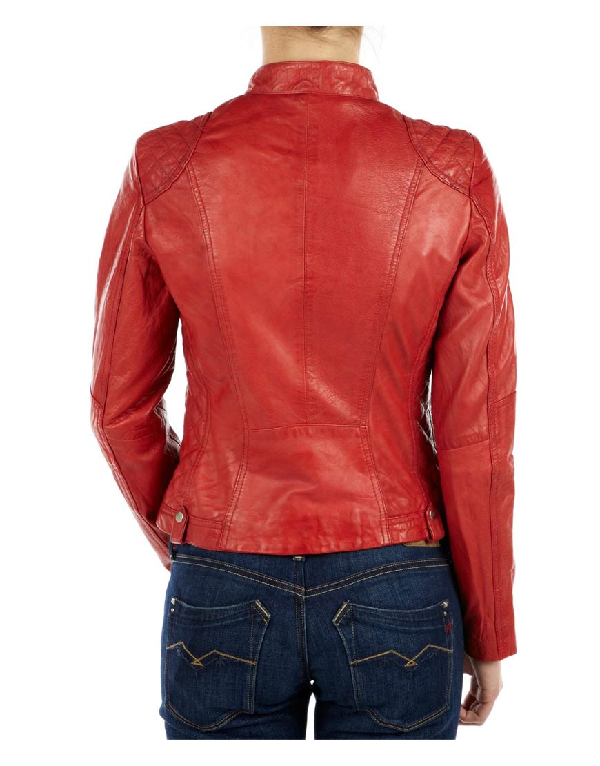 Women’s Quilted Design Motorcycle Red Leather Jacket - Image 2