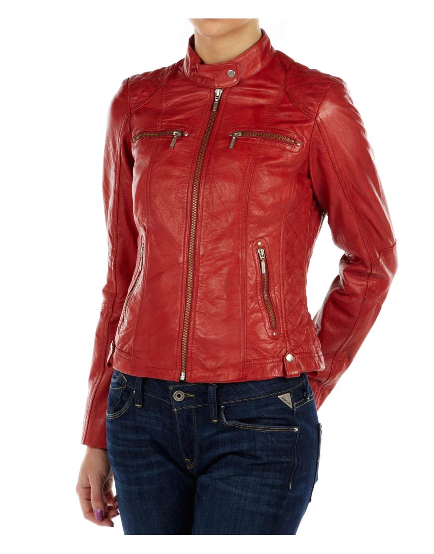 Women’s Quilted Design Motorcycle Red Leather Jacket