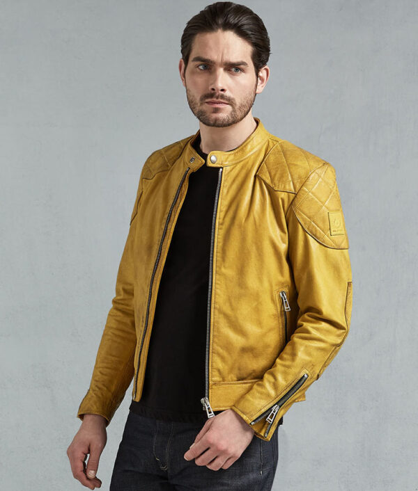 Yellow Leather Jacket Men's In Racer Jacket - Image 3