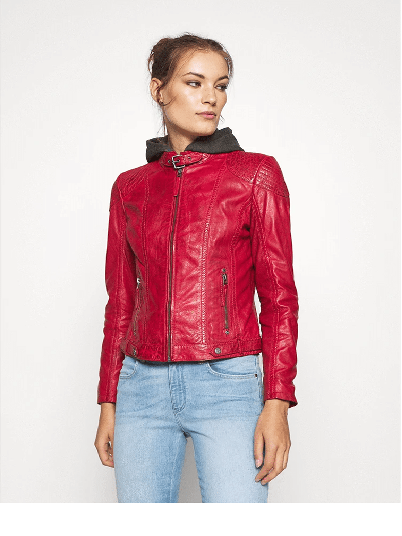 Womens Red Hooded Leather Jacket - Color Jackets