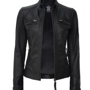 Johnson Women Black Quilted Motorcycle Leather Jacket