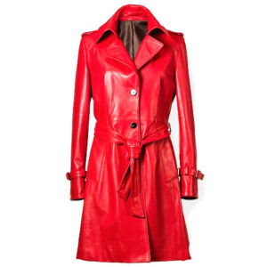 Belted Red Kourtney Kardashian Leather Coat