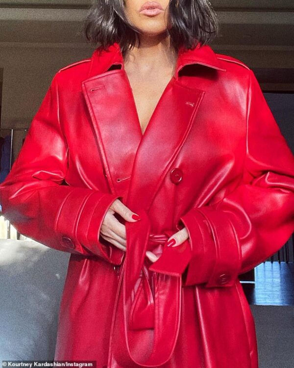 Belted Red Kourtney Kardashian Leather Coat