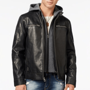 Mens Guess Hooded Motto Leather Jacket