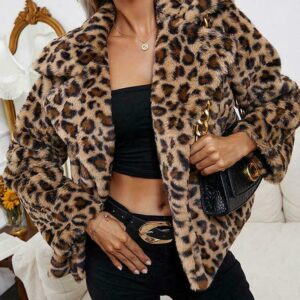 Leopard Pattern Faux Fur Lapel Long Sleeve Open Front Coat