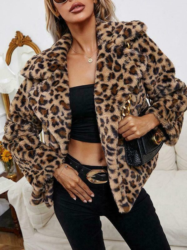 Leopard Pattern Faux Fur Lapel Long Sleeve Open Front Coat