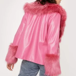 Pink Faux Fur Trimmed Faux Leather Blazer Women