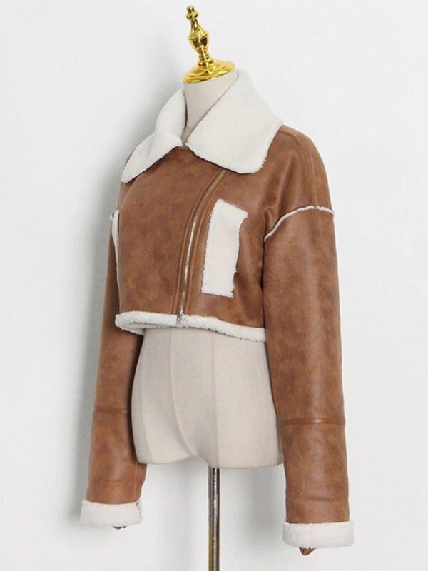 Women's Brown Shearling Crop Leather Jacket