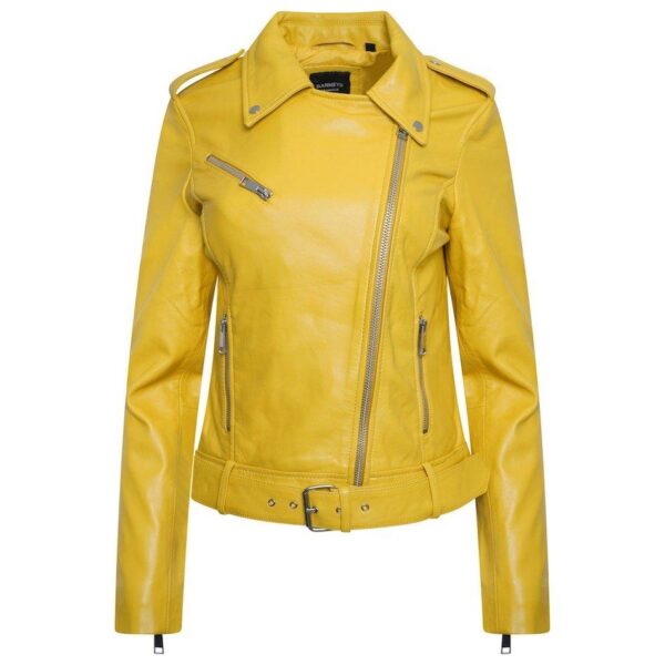 Women’s Faux Leather Yellow Biker Jacket with Waist Belt