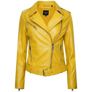 Women’s Faux Leather Yellow Biker Jacket with Waist Belt