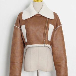 Women's Brown Shearling Crop Leather Jacket