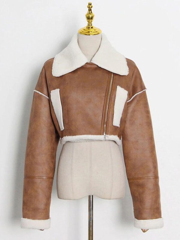 Women's Brown Shearling Crop Leather Jacket