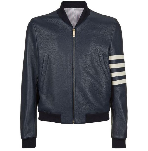 Thom Brown Harrington Leather Jacket With Stripe