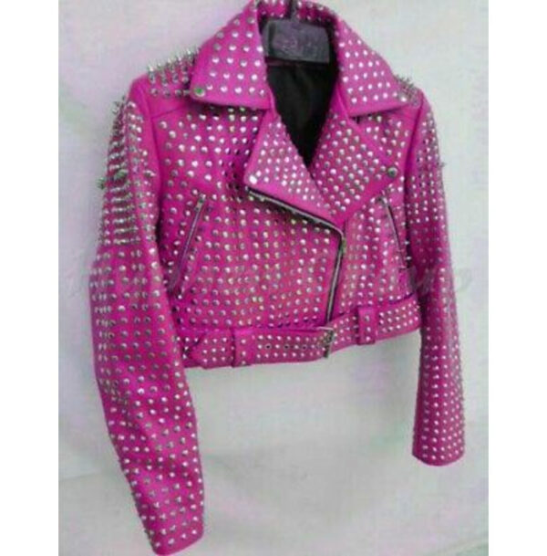 Steampunk Spiked Studded Pure Leather Pink Bikers Lapel Collar Punk Jacket