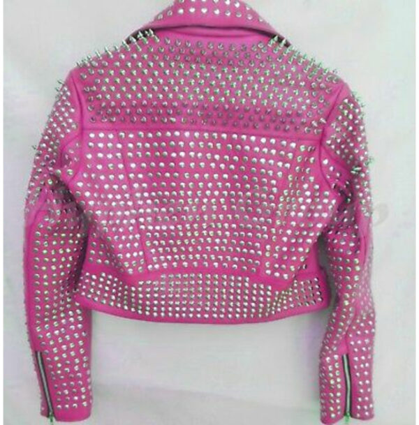 Steampunk Spiked Studded Pure Leather Pink Bikers Lapel Collar Punk Jacket