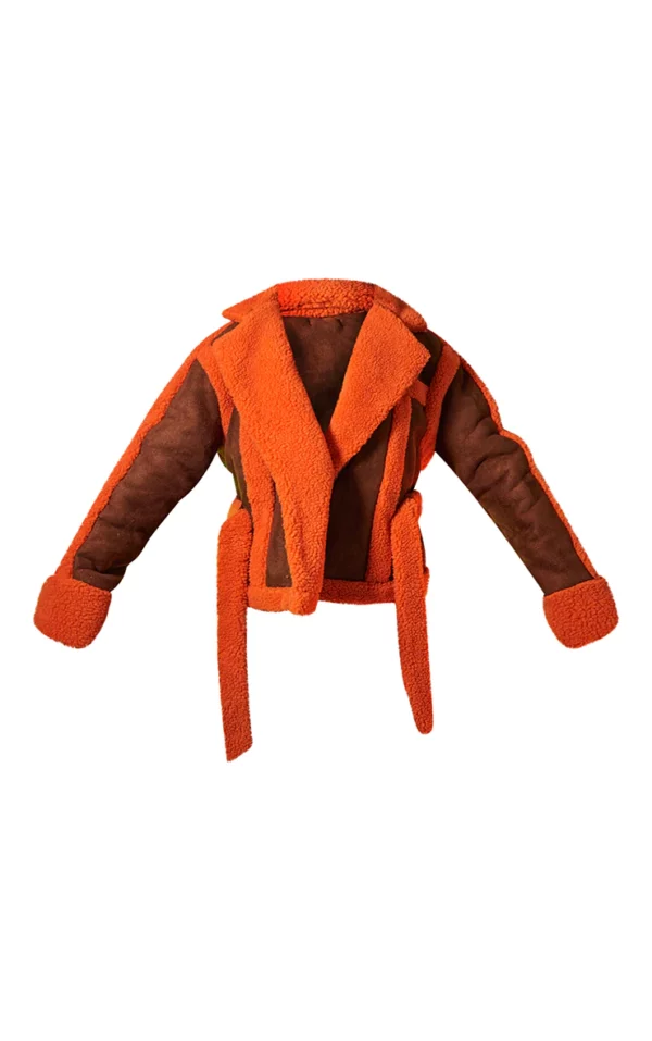 Pretty Little Thing Orange Suede Contrast Borg Lining Belted Jacket