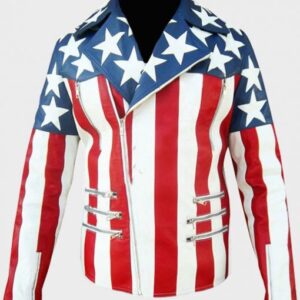 Mens Double Breasted US Flag Leather Jacket