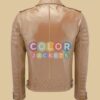 Men's Beige Biker Leather Jacket - Image 2