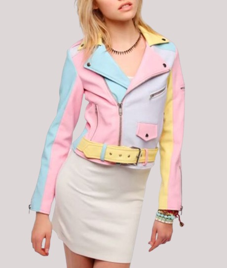 Pastel Color Block Leather Jacket - Color Jackets