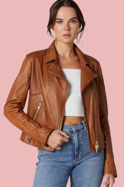 Womens Brown Motorcycle Josephine Leather Jacket - Image 2