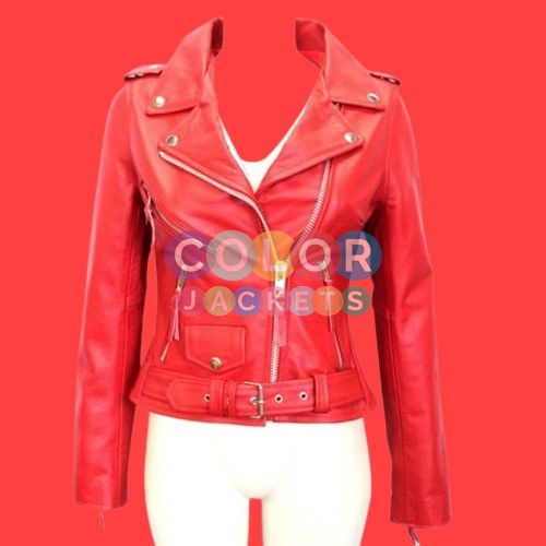 Womens Red Biker Leather Jacket