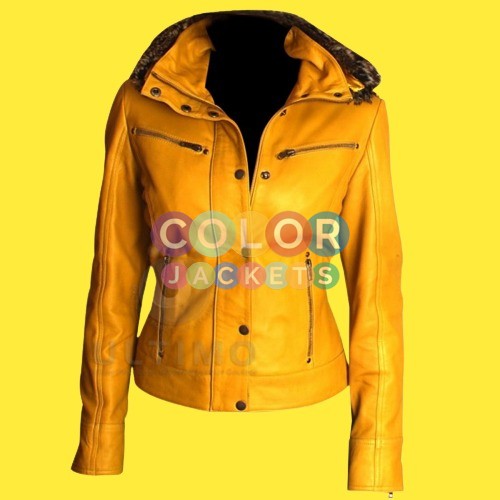 Yellow Hooded Leather Jacket