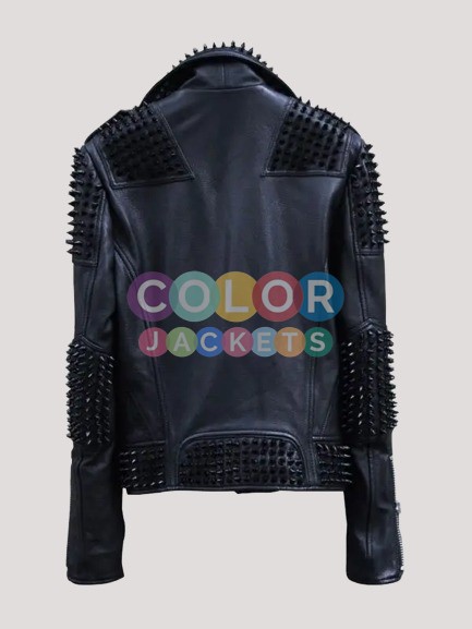 Mens Black Studded Metal Spiked Leather Jacket - Image 2