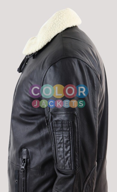 Mens Black Bomber Leather Jacket - Image 4