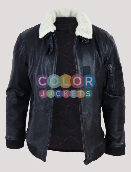 Mens Black Bomber Leather Jacket - Image 3