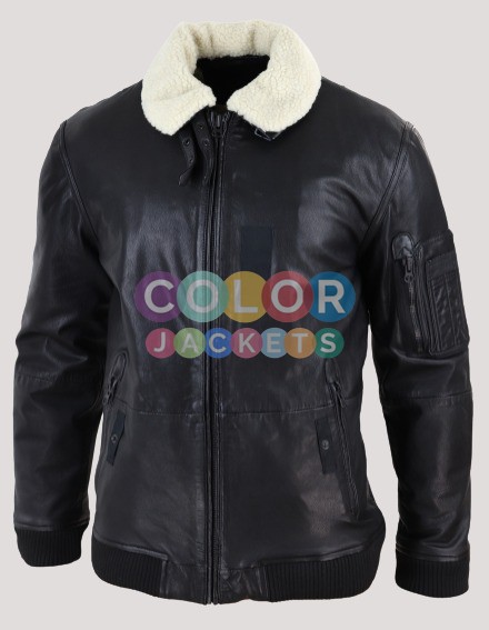 Mens Black Bomber Leather Jacket - Image 2