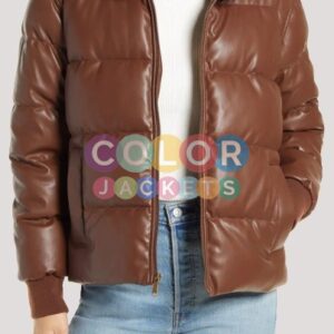 Brown Leather Puffer Jacket