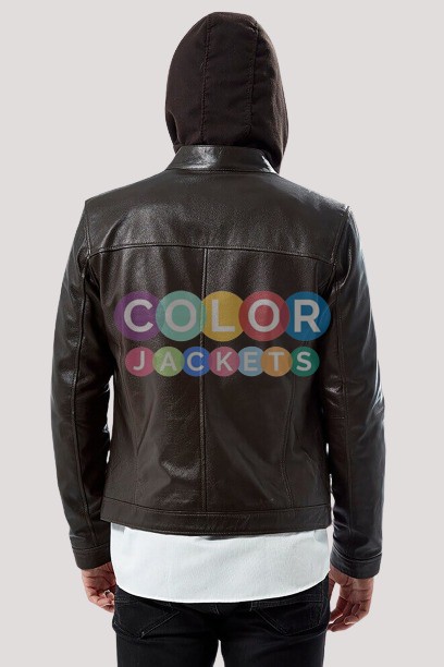 Mens Brown Hooded Leather Jacket - Image 4