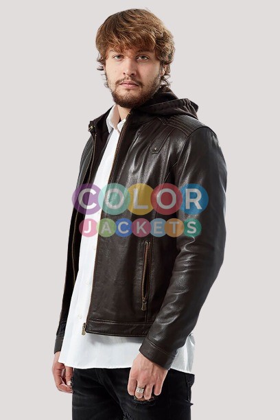 Mens Brown Hooded Leather Jacket - Image 3