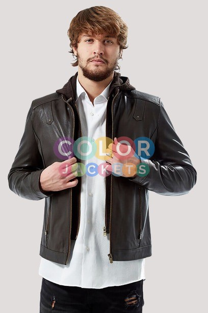Mens Brown Hooded Leather Jacket - Image 2